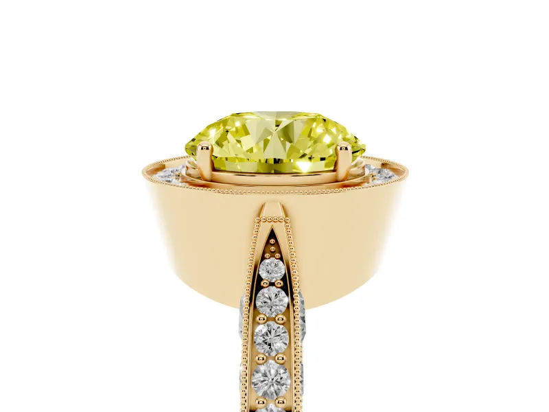 Round Milgrain Halo Engagement Ring Setting for a Fancy Yellow Lab-Grown Diamond | Side Stones | Yellow Gold