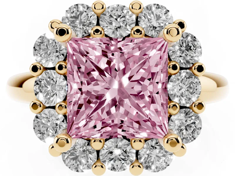 Princess Cut Cluster Halo Engagement Ring Setting for a Fancy Pink Lab-Grown Diamond | Large Round Accents | Yellow Gold