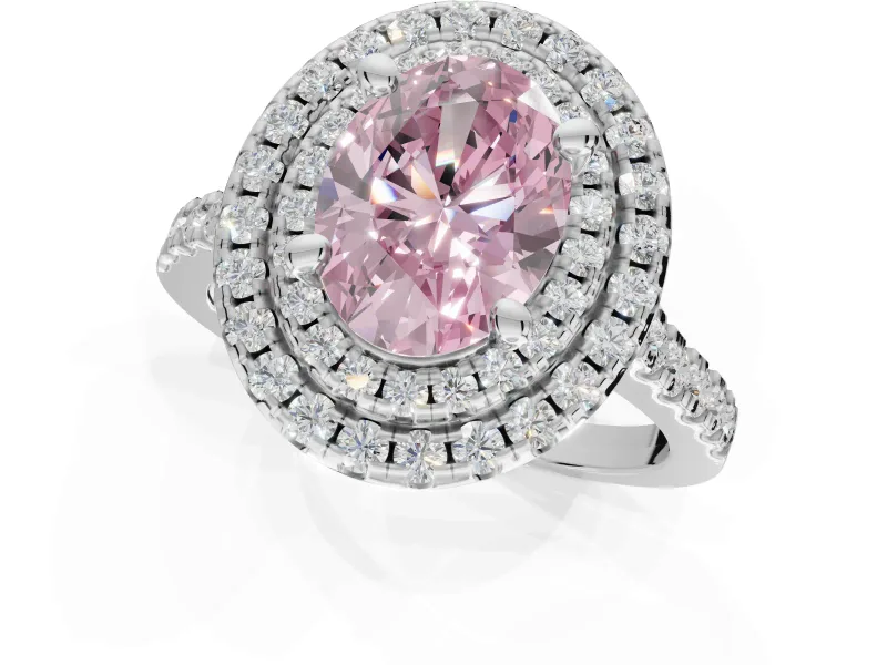 Fancy Pink Oval Lab-Grown Diamond Double Halo Statement Ring Set in White Gold with Pavé Band