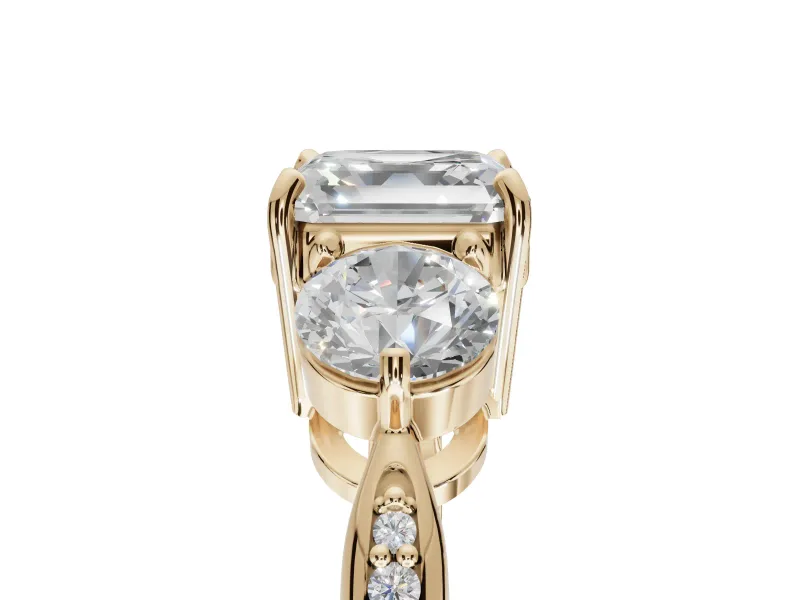 Asscher Cut Three Stone Engagement Ring Setting | Tapered Pave Band | Yellow Gold