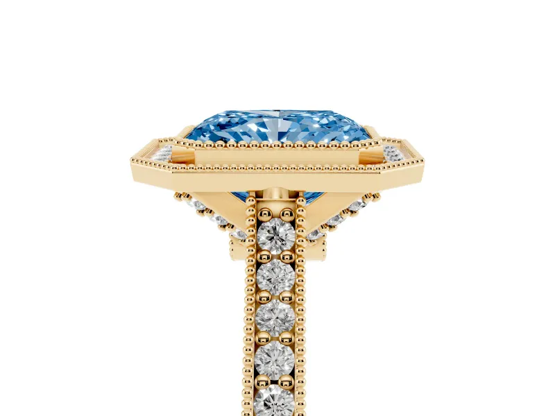 Radiant Cut Vintage Milgrain Halo Engagement Ring Setting for a Fancy Blue Lab-Grown Diamond | Bezel Head | Yellow Gold