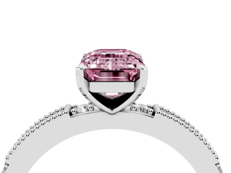 Fancy Pink Emerald Cut Diamond Solitaire Ring Set in Platinum with Slim Pavé Band and Prong Setting
