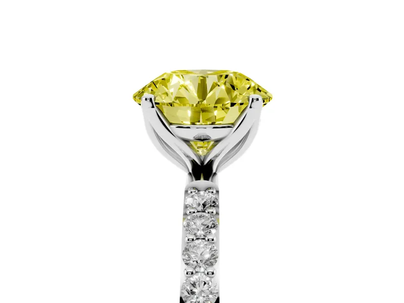 Fancy Yellow Round Cut Diamond Solitaire Engagement Ring Set in Silver with Round Pavé Band and Prong Setting