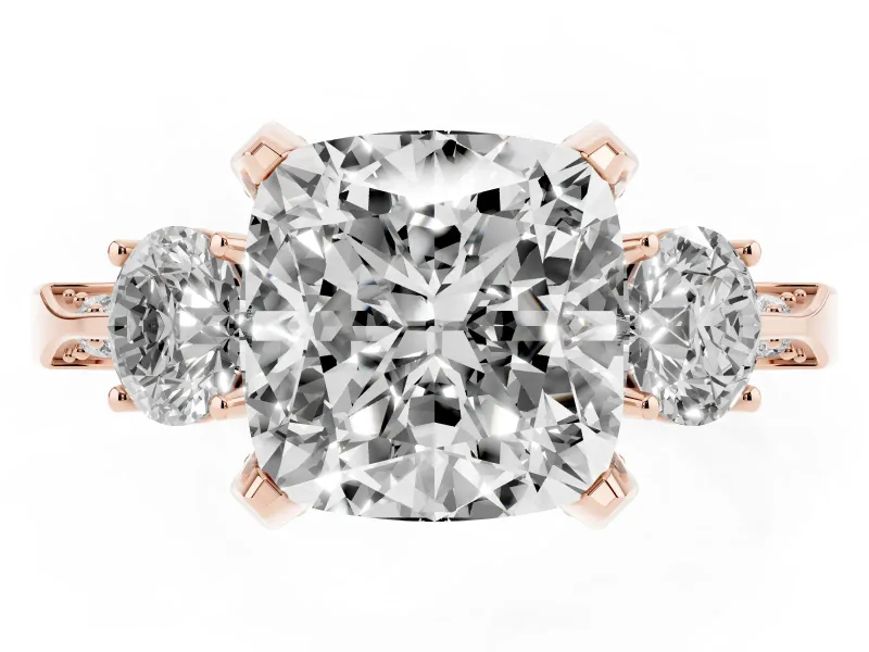 Cushion Cut Hidden Halo Three Stone Engagement Ring Setting | Pave Gallery | Rose Gold