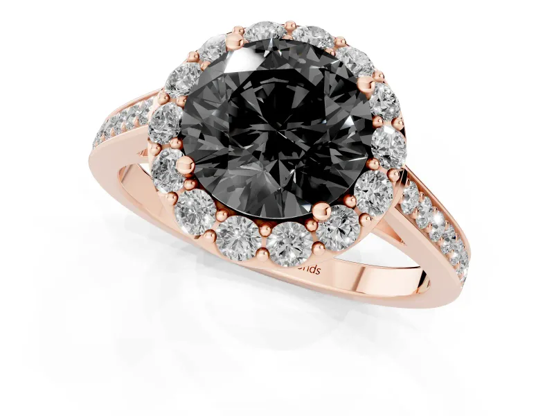 Fancy Black Round Cut Diamond Floral Halo Ring Set in Rose gold with Pavé Band and Prong Setting