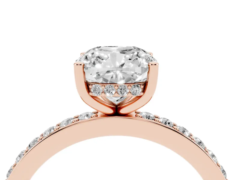 Cushion Cut Diamond Pavé Band Ring Set in Rose gold with Prong-Set Center Stone