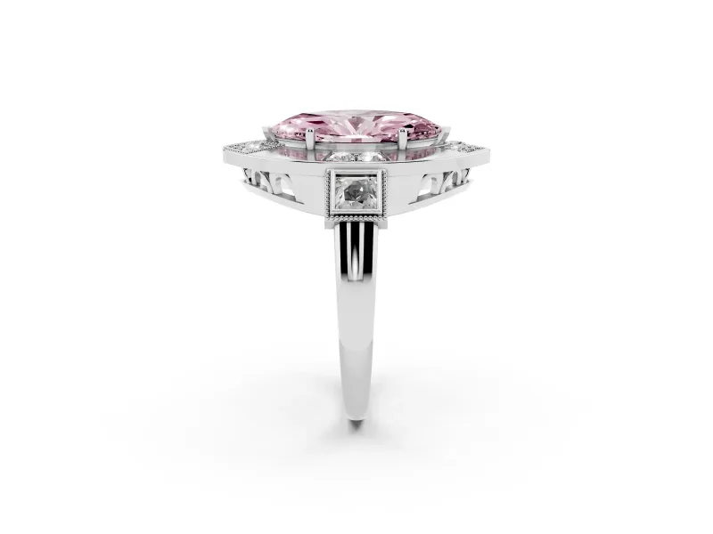 Fancy Pink Marquise Cut Diamond Milgrain Halo Ring Set in Platinum with Split Shank