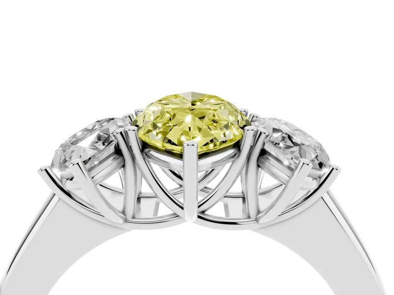Fancy Yellow Three-Stone Marquise Cut Diamond Ring Set in White gold with Matching Prong Settings and Plain Band
