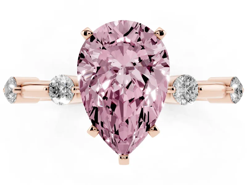 Fancy Pink Pear Cut Diamond Solitaire Ring Set in Rose gold with Bezel Set Side Stones and Prong Setting