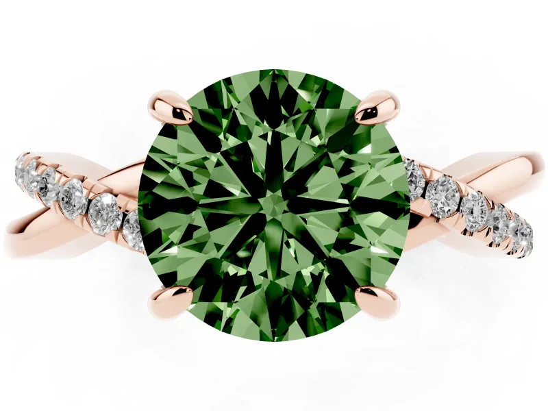 Fancy Green Round Cut Diamond Twist Band Solitaire Set in Rose gold with Pavé Accents and Prong Setting