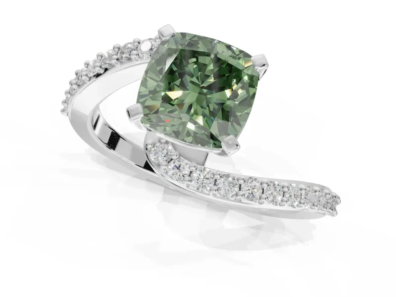 Cushion Cut Bypass Pavé Engagement Ring Setting for a Fancy Green Lab-Grown Diamond | Platinum
