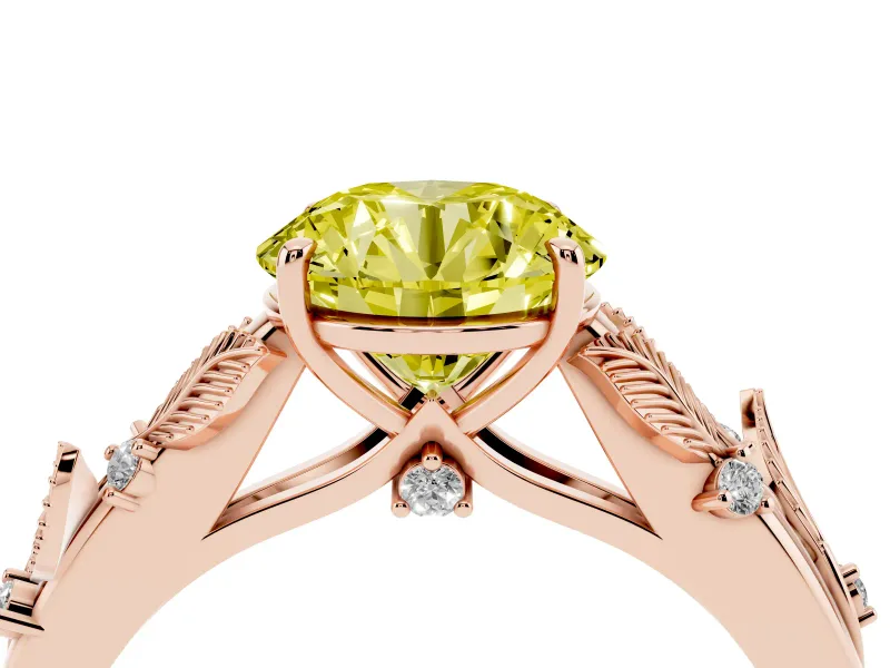 Fancy Yellow Round Cut Diamond Solitaire Ring Set in Rose gold with Leaf Motif Band