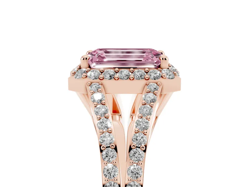 Emerald Cut Split Shank Halo Engagement Ring Setting for a Fancy Pink Lab-Grown Diamond | Rose Gold