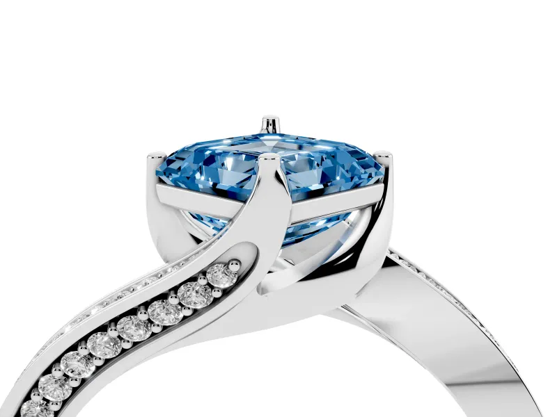 Fancy Blue Asscher Cut Diamond Solitaire Ring Set in Silver with Intertwined Pavé Twist Band
