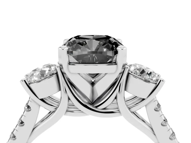 Fancy Black Three-Stone Cushion Cut Diamond Pavé Band Ring Set in Platinum with Prong-Set Trio