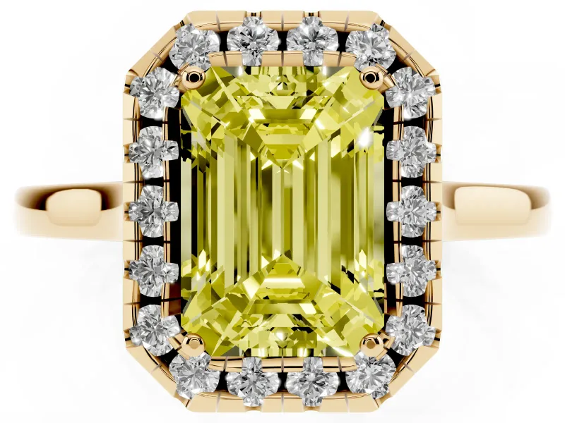 Fancy Yellow Emerald Cut Halo Round Diamond Solitaire Ring Set in Yellow gold with Pavé Band and Prong Setting