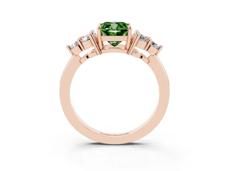 Fancy Green Cushion Cut Diamond Solitaire Ring Set in Rose gold with Cluster Accents on Each Side