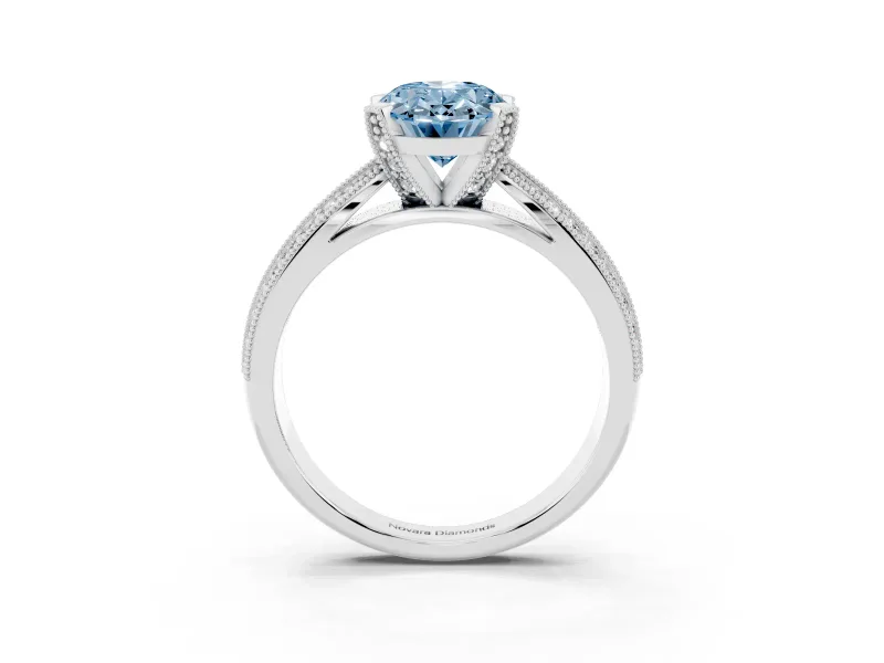 Fancy Blue Oval Cut Diamond Solitaire Ring Set in Platinum with Milgrain Double Row Round Pavé Band