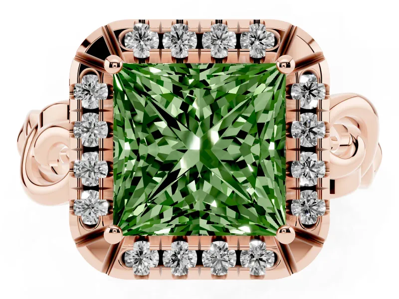 Fancy Green Princess Cut Diamond Halo Ring Set in Rose gold with Scrollwork Band and Prong Setting