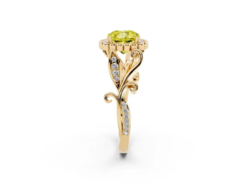 Cushion Cut Leaf Halo Engagement Ring Setting for a Fancy Yellow Lab-Grown Diamond | Yellow Gold