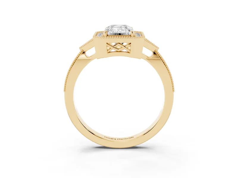 Emerald Cut Diamond Halo Engagement Ring Set in Yellow gold with Milgrain Pavé Band