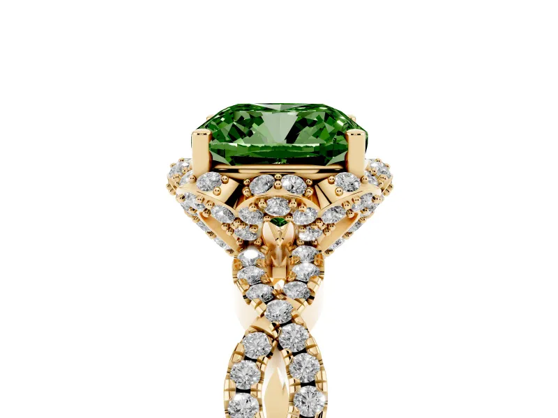 Fancy Green Cushion Cut Diamond Halo Twist Band Solitaire Ring Set in Yellow gold with Prong-Set Center Stone