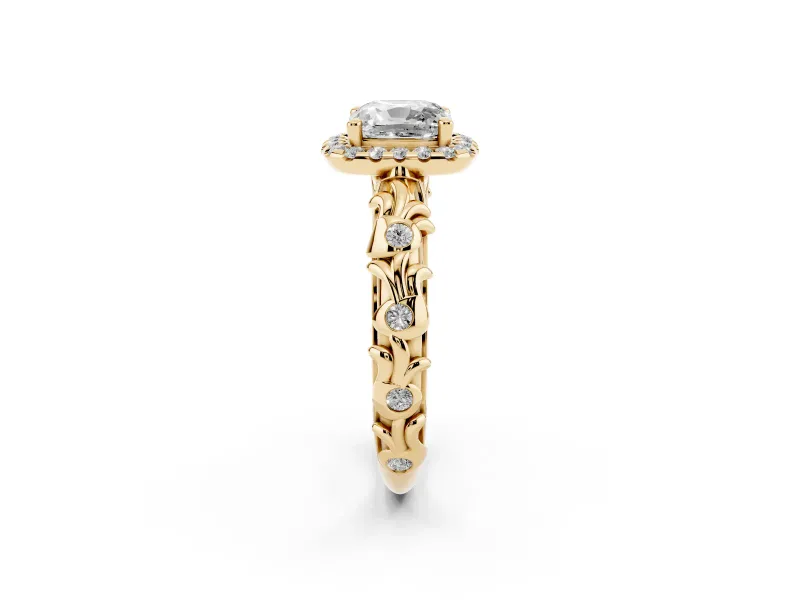 Cushion Cut Filigree Leaf Halo Engagement Ring Setting | Bezel Leaf Accents | Yellow Gold