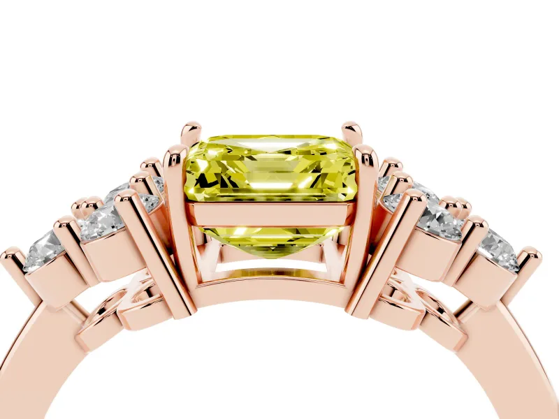 Fancy Yellow Asscher Cut Diamond Solitaire Ring Set in Rose gold with Cluster Accents on Each Side