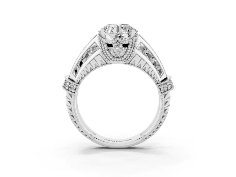 Round Cut Diamond Vintage-Inspired Milgrain Ring Set in Platinum with Accent Split Shank