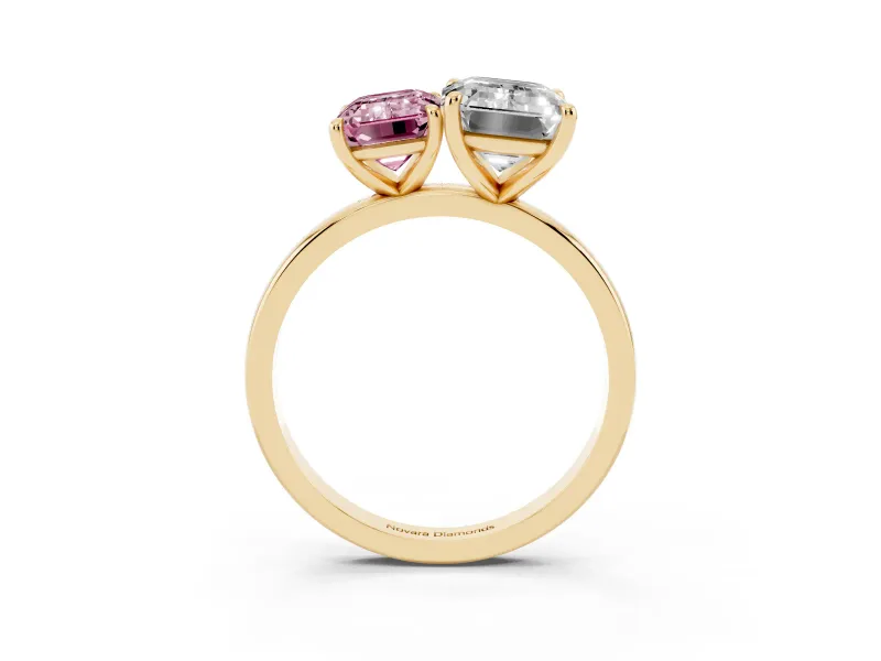 Fancy Pink Emerald Cut and Emerald Cut Toi Moi Ring Set in Yellow gold with Prong Setting