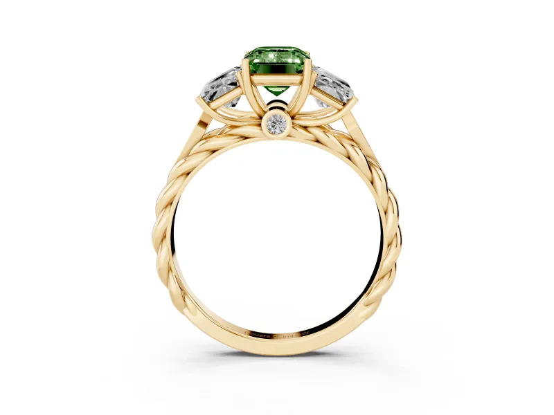 Fancy Green Emerald Cut Diamond Three-Stone Ring Set in Yellow gold with Braided Band