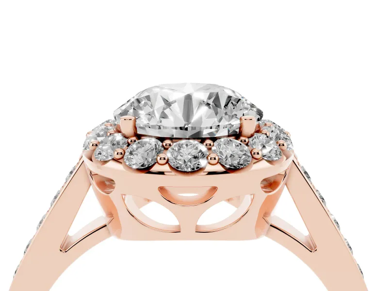 Round Cut Diamond Floral Halo Ring Set in Rose gold with Pavé Band and Prong Setting