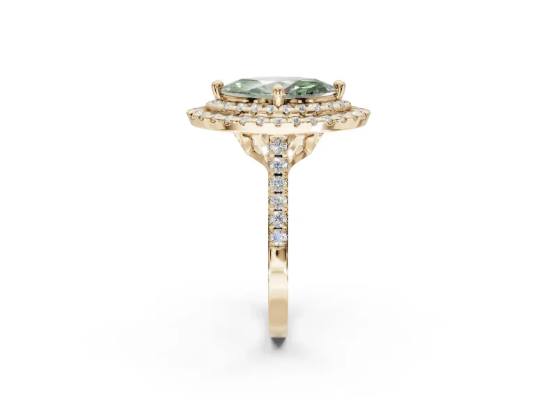 Fancy Green Marquise Lab-Grown Diamond Double Halo Statement Ring Set in Yellow Gold with Pavé Band