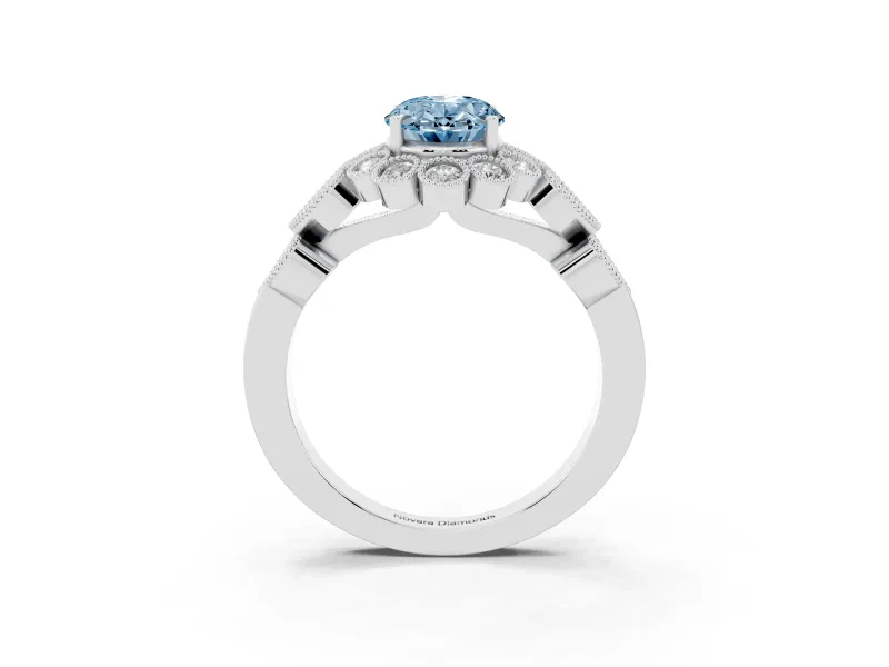 Oval Scalloped Halo Engagement Ring Setting for a Fancy Blue Lab-Grown Diamond | Heart Pavé Band | Platinum