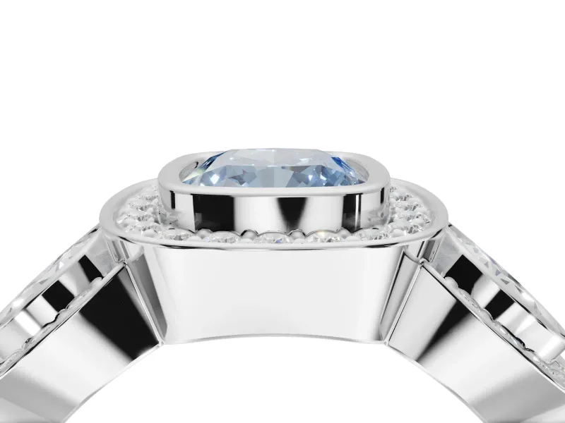 Cushion Cut Three Stone Halo Engagement Ring Setting for a Fancy Blue Lab-Grown Diamond | White Gold