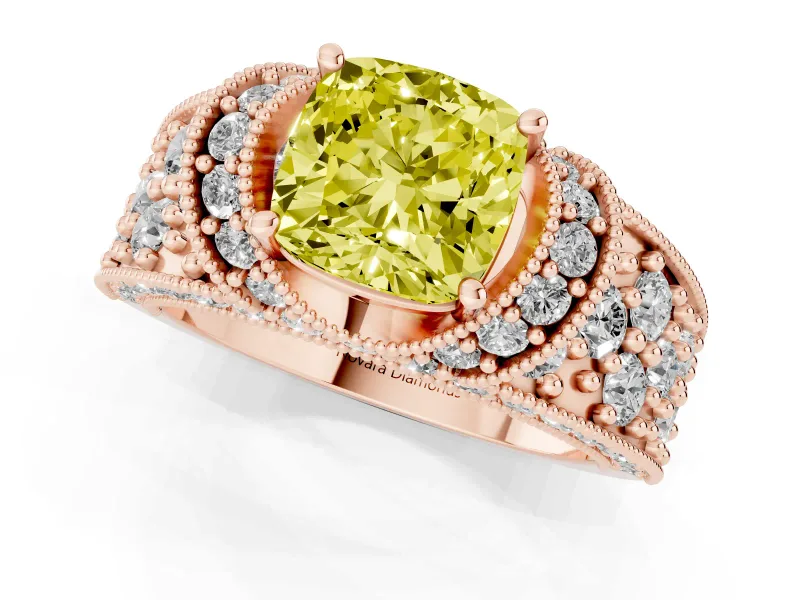 Cushion Cut Vintage Pave Engagement Ring Setting for a Fancy Yellow Lab-Grown Diamond | Milgrain Edges | Rose Gold