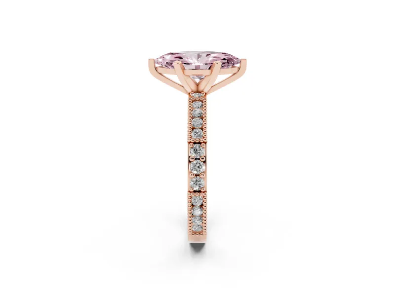 Fancy Pink Marquise Cut Diamond Solitaire Ring Set in Rose gold with Slim Pavé Band and Prong Setting