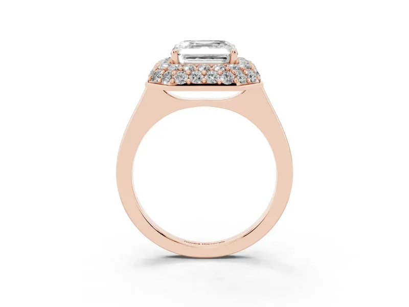 Asscher Cut Pave Halo Engagement Ring Setting | Slim Plain Band | Rose Gold