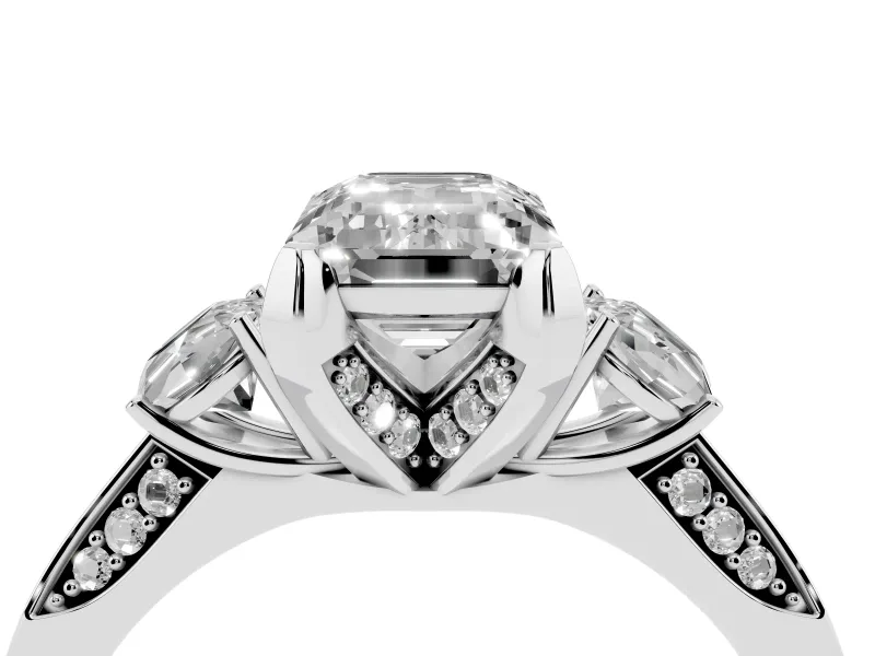 Emerald Cut Hidden Halo Three Stone Engagement Ring Setting | Pave Gallery | Platinum