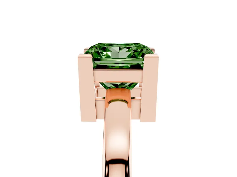 Fancy Green Princess Cut Diamond Solitaire Ring Set in Rose gold with Prong Head and Smooth Polished Band