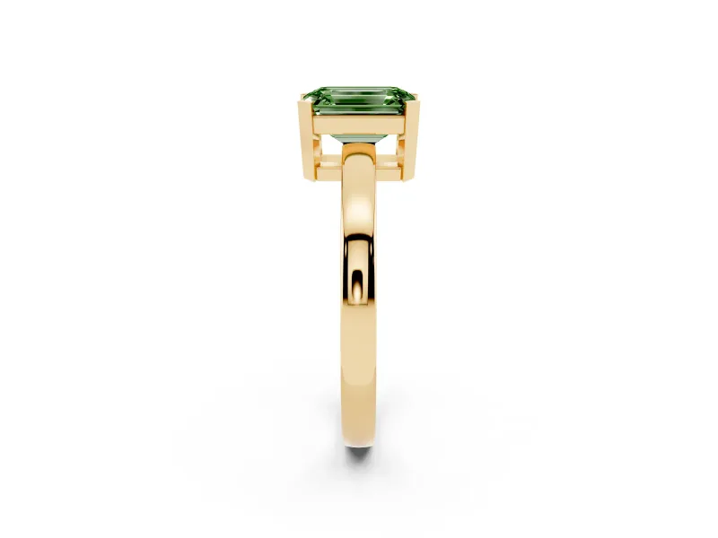Fancy Green Emerald Cut Diamond Solitaire Ring Set in Yellow gold with Prong Head and Smooth Polished Band