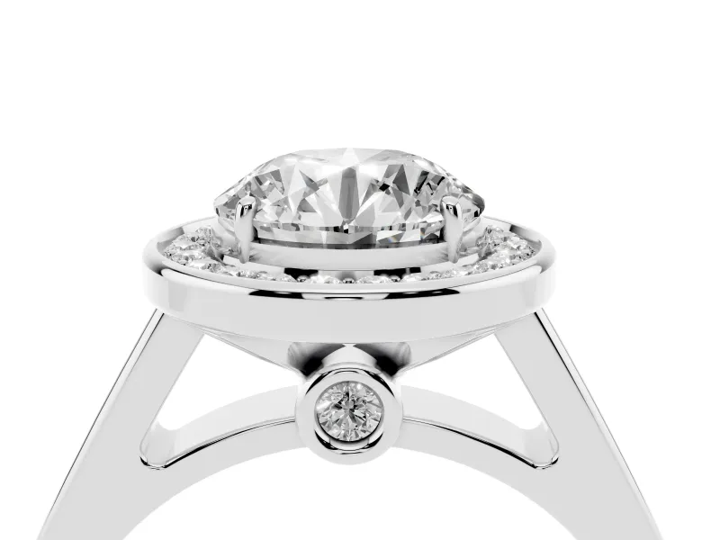 Round Cut Diamond Halo Solitaire Ring Set in White gold with Pavé Band and Bezel Setting