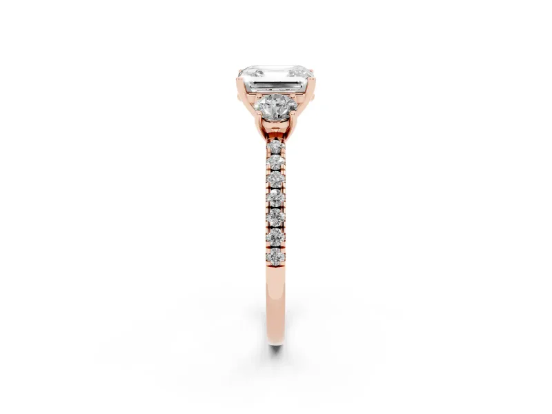 Asscher Cut Three Stone Engagement Ring Setting | Pave Shoulders | Rose Gold