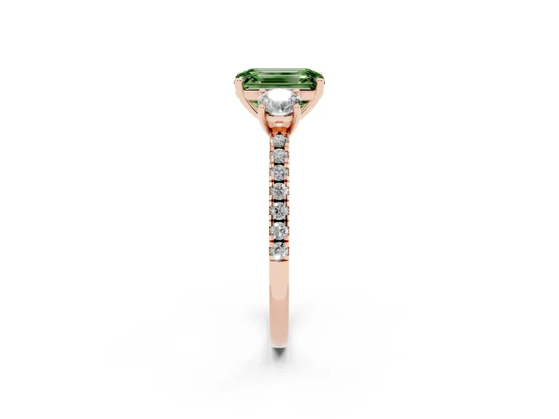 Emerald Cut Three Stone Engagement Ring Setting for a Fancy Green Lab-Grown Diamond | Pave Shoulders | Rose Gold