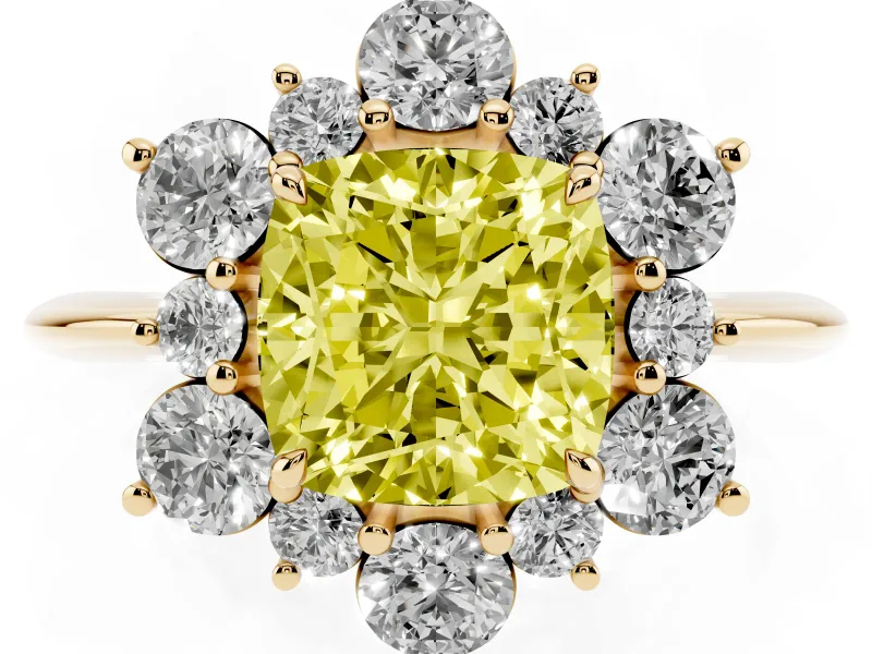 Cushion Cut Cluster Halo Engagement Ring Setting for a Fancy Yellow Lab-Grown Diamond | Yellow Gold