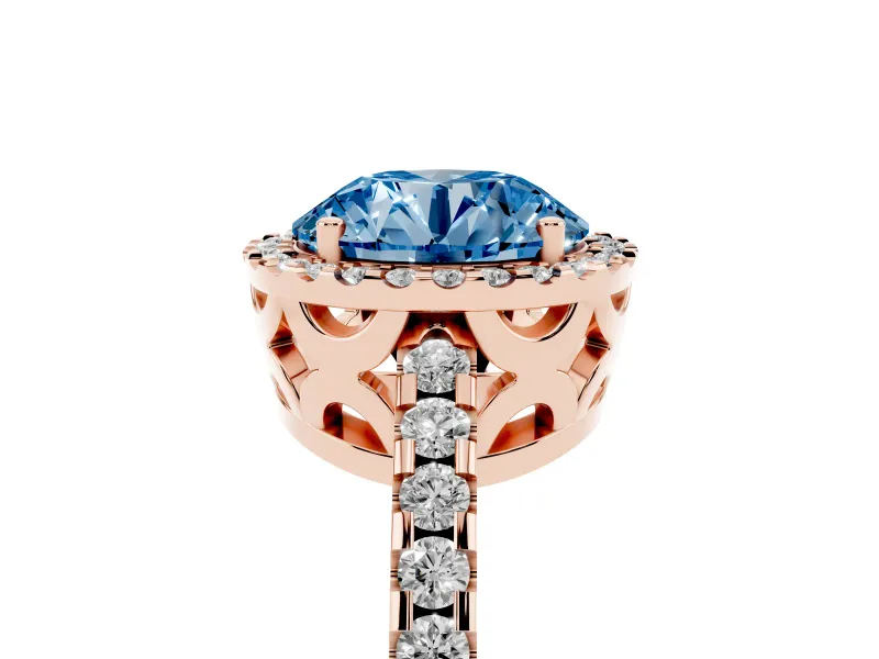 Round Halo Engagement Ring Setting for a Fancy Blue Lab-Grown Diamond | Half Pave Band | Rose Gold