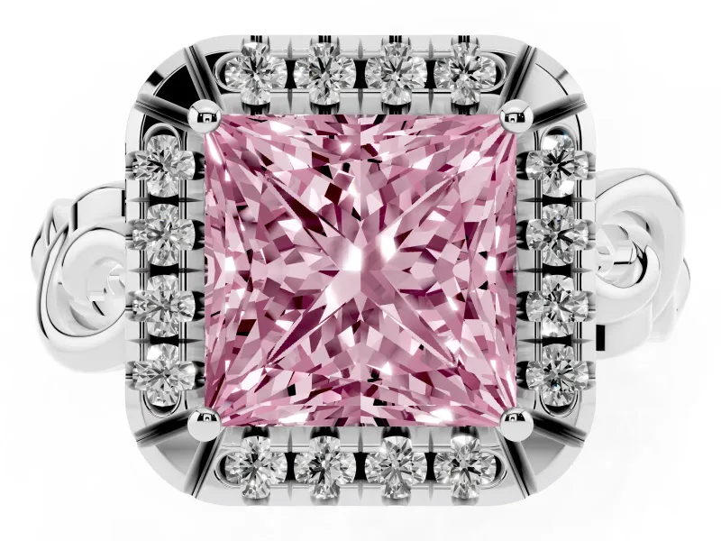 Fancy Pink Princess Cut Diamond Halo Ring Set in White gold with Scrollwork Band and Prong Setting