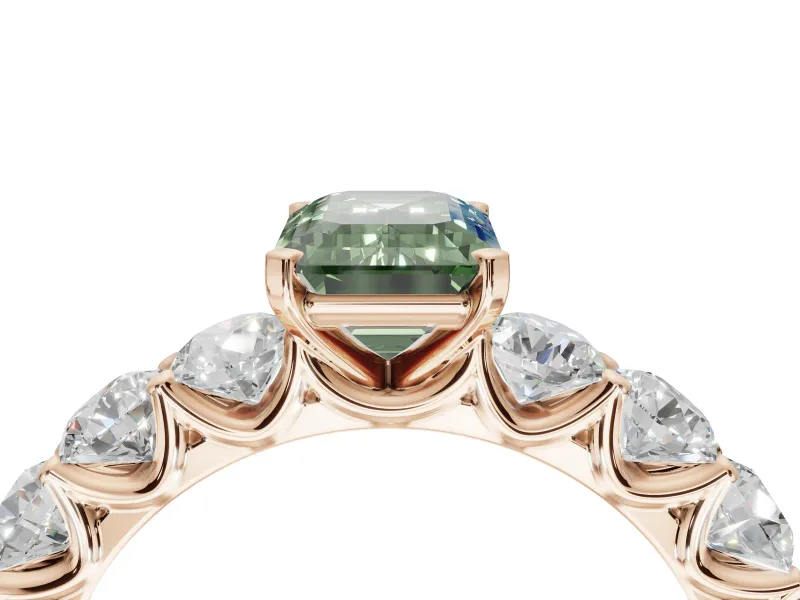 Emerald Cut Side Stone Engagement Ring Setting for a Fancy Green Lab-Grown Diamond | Scalloped Prong Accents | Rose Gold