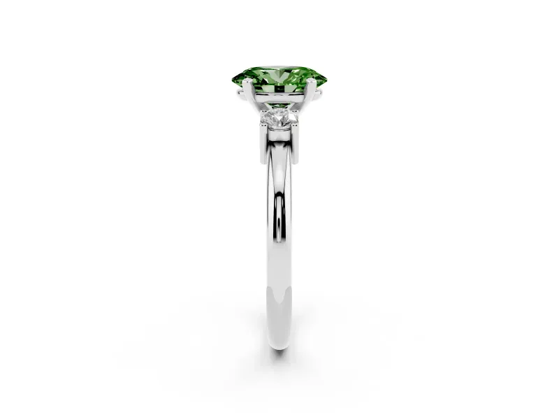 Fancy Green Three-Stone Oval Cut Diamond Ring Set in Silver with Prong Setting and Plain Band