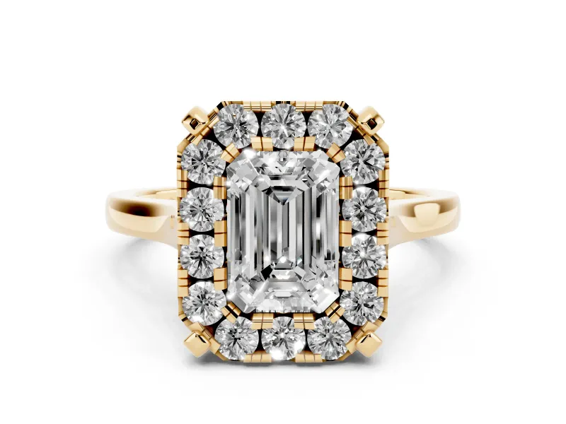 Emerald Cut Diamond Cluster Halo Solitaire Ring Set in Yellow gold with Prong Setting